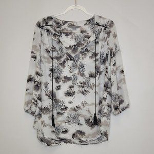 Valerie Stevens Tunic Top Large Black White 3/4 Sleeves Semi Sheer Fall